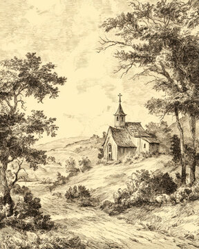 Vintage Blue Ink Landscape Illustration with Rural Church. AI generative.