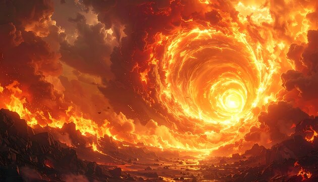 Inferno swirling vortex of flames engulfs landscape.
