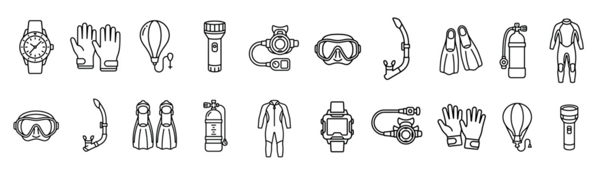 Scuba diving equipment icons collection featuring essential underwater gear, including masks, snorkels, fins, tanks, wetsuits, and other professional accessories for aquatic adventures.