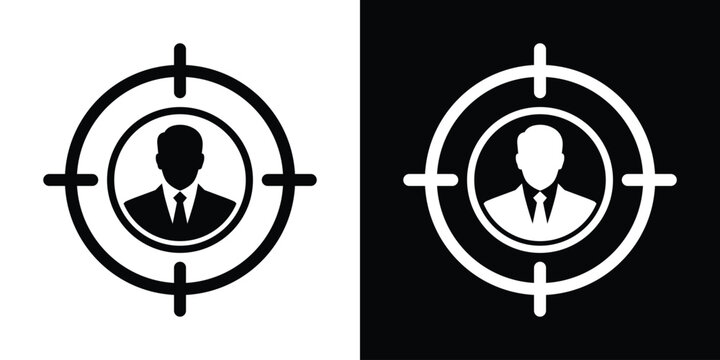 Businessman icon centered inside a target crosshair circle. Ideal graphic for customer targeting, precision recruitment, HR hiring metrics, and audience focus.