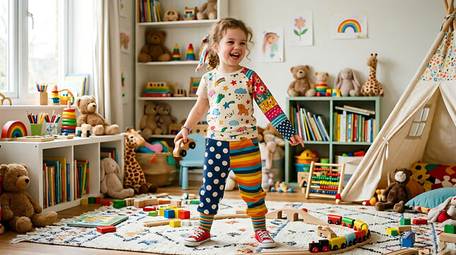 Joyful child in colorful patterned outfit playing with toys in a bright, playful room