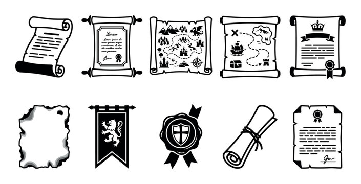 Old scrolls, maps, certificates, seals, and banners form a collection of medieval and fantasy-themed document icons in black and white.