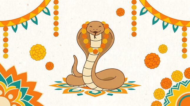 Happy nag panchami background featuring a cobra with floral garlands