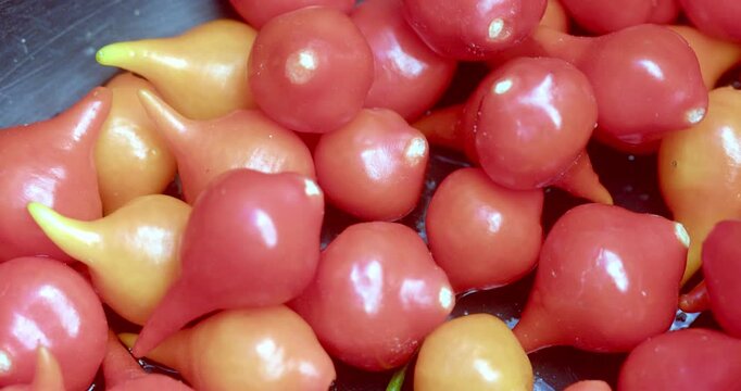 Close-up of fresh red and yellow biquinho peppers creating a colorful food background texture. Detailed macro shot of Brazilian chili peppers highlighting freshness,