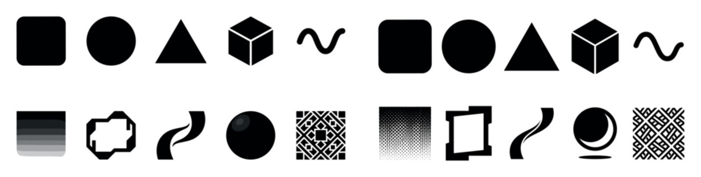 Various black geometric shapes and abstract patterns are arranged in a diverse collection of graphic design elements for creative projects.