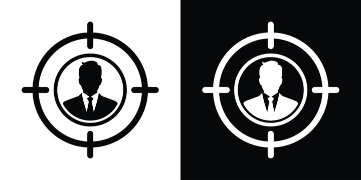 Businessman icon centered inside a target crosshair circle. Ideal graphic for customer targeting, precision recruitment, HR hiring metrics, and audience focus.