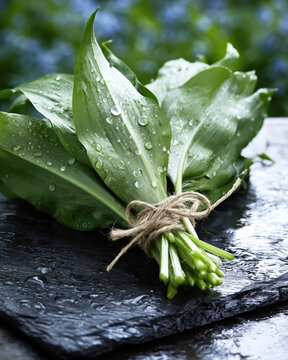 Fresh Wild Garlic Leaves with Water Drops on Stone. AI generative.