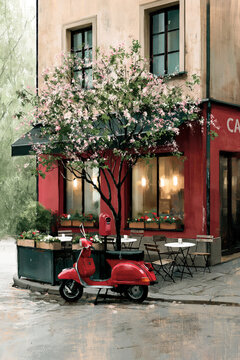 Charming Cafe With Red Scooter &ndash; AI Generative