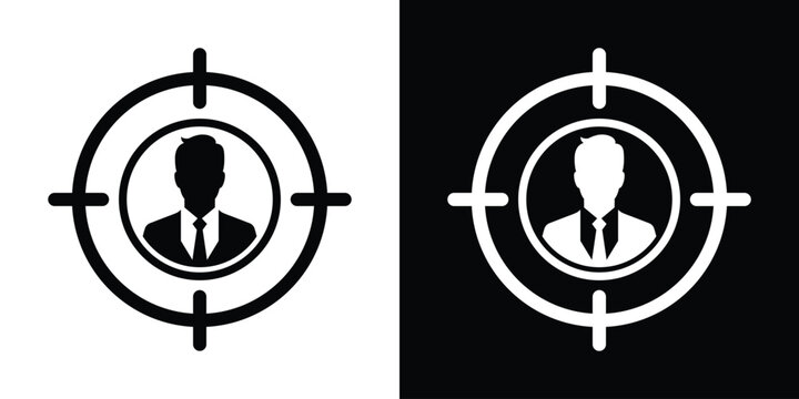 Businessman icon centered inside a target crosshair circle. Ideal graphic for customer targeting, precision recruitment, HR hiring metrics, and audience focus.