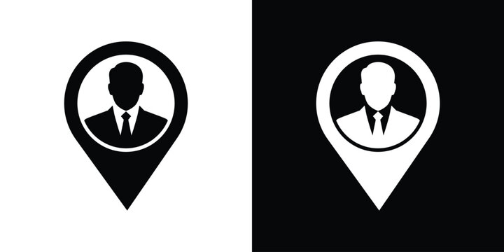 Businessman avatar icon inside a map pointer location pin. Minimalist black and white design for business navigation, corporate tracking, and user localization graphics.