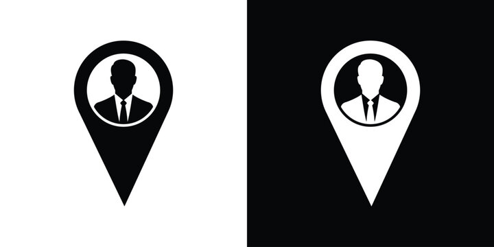 Businessman avatar icon inside a map pointer location pin. Minimalist black and white design for business navigation, corporate tracking, and user localization graphics.