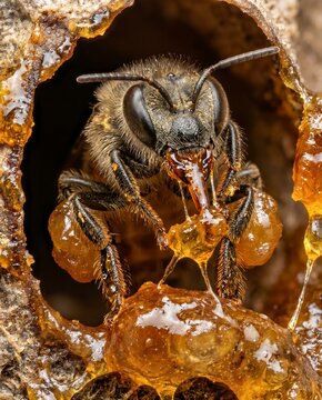 Macro profile of stingless bee harvesting propolis resin on tree bark