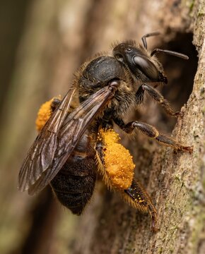 Stingless bee profile with large packed yellow pollen basket on leg