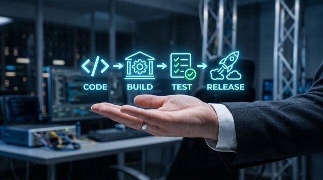 A businessman presenting a software development process with code, build, test, and release stages on his hand in a modern office