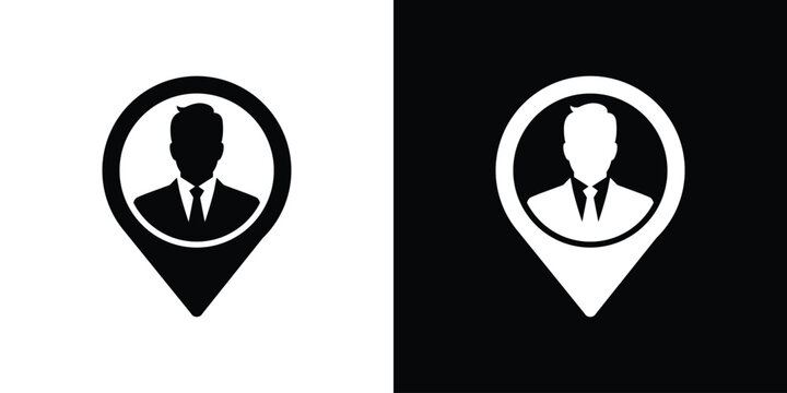 Businessman avatar icon inside a map pointer location pin. Minimalist black and white design for business navigation, corporate tracking, and user localization graphics.