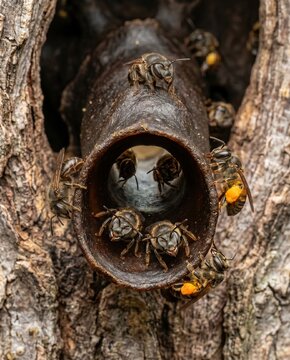 Colony workers guarding wax entrance tube of stingless bee hive