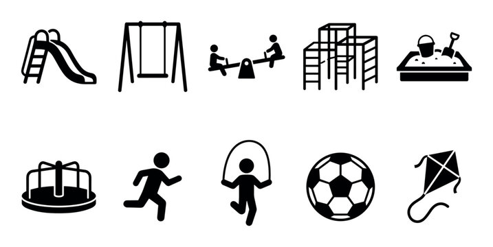 Playground equipment and children's activity icons collection depicting various outdoor recreation elements and active kids' games for fun.