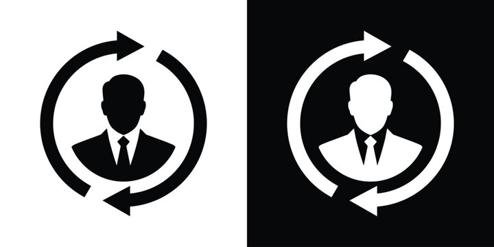 Businessman avatar icon inside a circular rotation arrow loop. Vector design concept representing human resource workflow, staff turnover, updates, and corporate cycles.