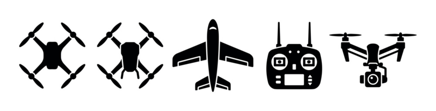 Drones remote control airplane aircraft icons illustrating modern aerial technology and unmanned flying vehicles for various commercial and recreational applications.