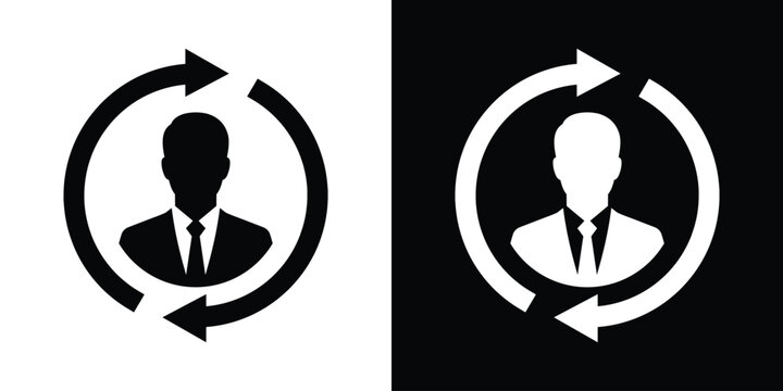 Businessman avatar icon inside a circular rotation arrow loop. Vector design concept representing human resource workflow, staff turnover, updates, and corporate cycles.