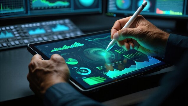 esg, sustainability, energy, renewable, eco, environment, A hand uses a digital pen on a tablet with glowing ESG charts, symbolizing sustainability analysis and green investment.