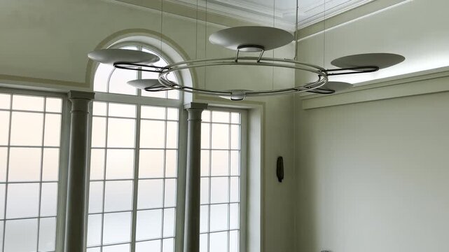 A round lamp with multiple lights in an office building; the light flickers, panning shot
