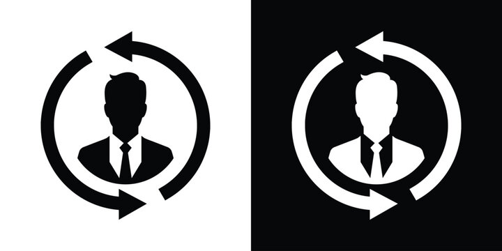 Businessman avatar icon inside a circular rotation arrow loop. Vector design concept representing human resource workflow, staff turnover, updates, and corporate cycles.