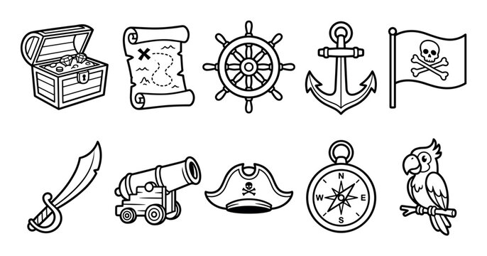 Pirate adventure icons collection featuring treasure chest, map, ship wheel, anchor, flag, cutlass, cannon, hat, compass, and parrot in outline style.