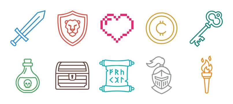 Fantasy role-playing game elements collection featuring a sword, shield, heart, coin, key, potion, treasure chest, scroll, helmet, and torch.