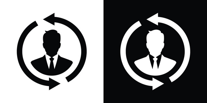 Businessman avatar icon inside a circular rotation arrow loop. Vector design concept representing human resource workflow, staff turnover, updates, and corporate cycles.