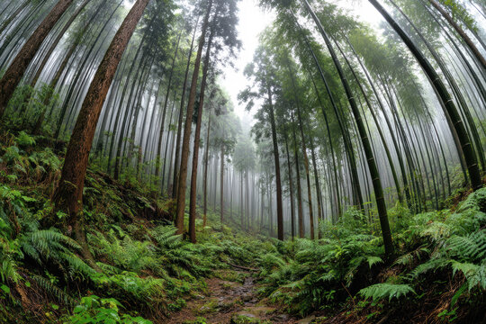 Misty Bamboo Rainforest with Towering Trees and Lush Tropical Vegetation. AI generative.