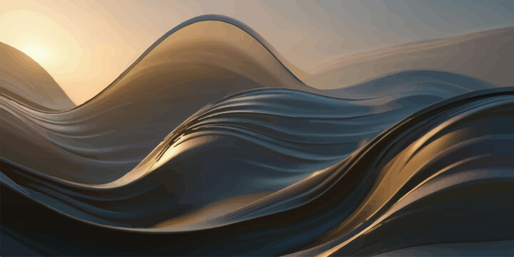 Abstract metallic dark waves with golden sunset light metallic abstract background highlights wallpaper backdrop composition creative aesthetic artistic decorative industrial charcoal