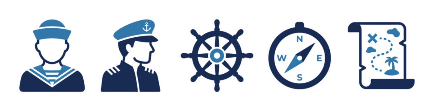 Sailor captain ship's wheel compass and treasure map icons are essential symbols for maritime adventure, exploration, and navigation.