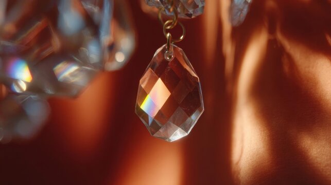 Close-up of a crystal pendant hanging from a gold chain. the pendant is in the shape of a teardrop and has a faceted, faceted crystal in the center.