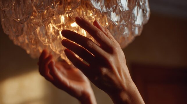 Pair of hands holding a crystal chandelier. the hands are positioned in a way that the fingers are slightly curled around the base of the light fixture.