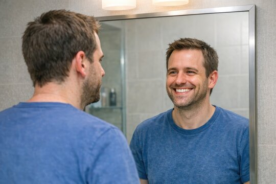 A person happy and confident with their reflection in the bathroom mirror
