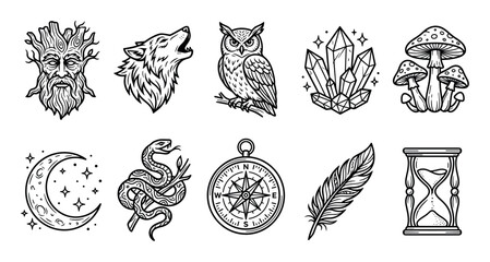 Obraz premium Various mystical nature magic symbols and elements are presented in a detailed black and white line art illustration style, evoking ancient wisdom and fantasy.