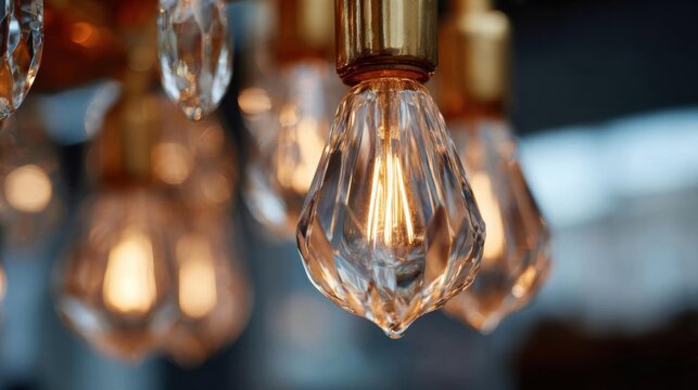 Close-up of a light bulb hanging from a chandelier. the light bulb is made of clear glass and has a gold-colored metal base. it is in the shape of a teardrop and is emitting a warm, golden glow.