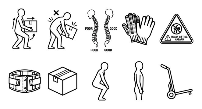 Heavy lifting safety icons illustrating proper ergonomic techniques and potential hazards for workplace health and injury prevention.
