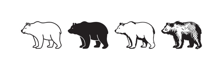 Fototapeta premium Walking Bear Icon Set (Side Profile): Outline, Solid, Detailed, and Sketchy Black and White Vector Illustration