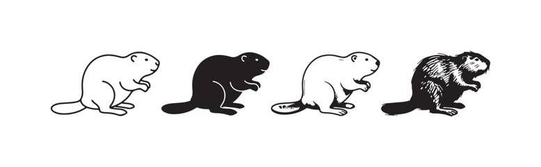 Four stylized black and white beaver illustrations, showcasing line art, solid silhouette, outlined detail, and expressive sketch styles. © Ірина Гринюк