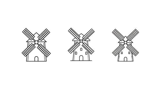 Three black and white windmill line art illustrations.
