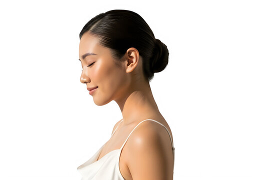 Beautiful young asian woman with glowing skin and elegant hair bun looking down in a calm and peaceful side profile