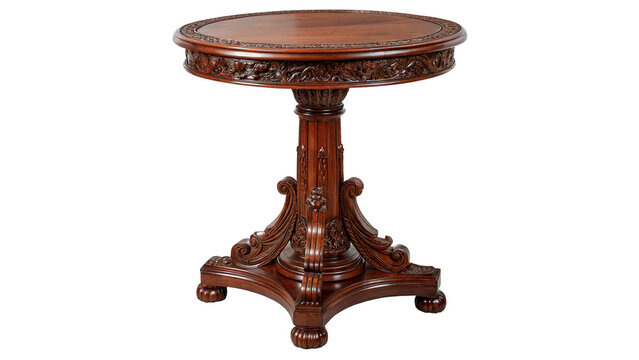 Antique vintage dark wooden round pedestal side table isolated on transparent background cut out