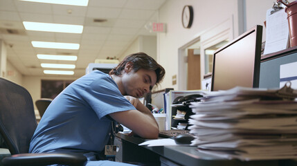 Fototapeta premium Young psychiatrist clinician experiencing burnout in a fluorescent hospital office, staring at a blank computer screen with slumped shoulders and stacked patient files