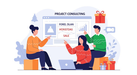 Naklejka premium Teamwork Christmas Project Consulting Vector Illustration