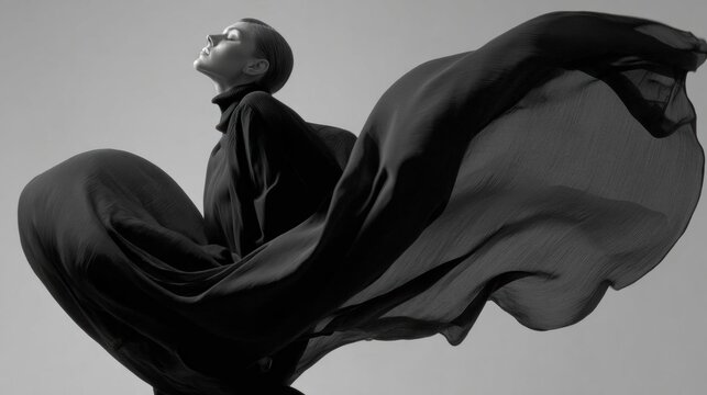 Black and white photograph of a woman in mid-air, with her arms stretched out to the sides. she is wearing a long, flowing black dress with a high neckline and long sleeves.