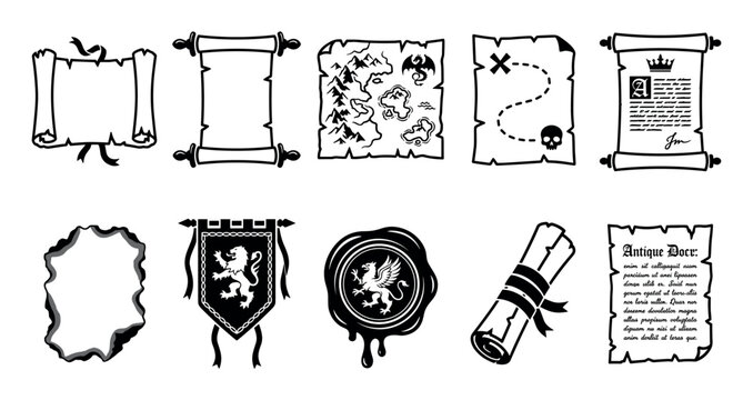 Diverse collection of vintage scrolls, fantasy maps, official documents, wax seals, and heraldic banners in a clean line art style.