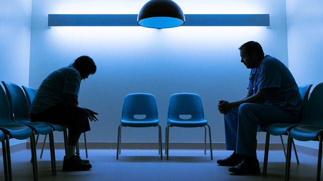 Compassionate psychiatric nurse sitting beside distressed patient in hospital intake area under fluorescent lights offering calm support