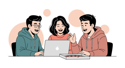 Fototapeta premium Young team collaborating on laptop with pizza, happy modern illustration